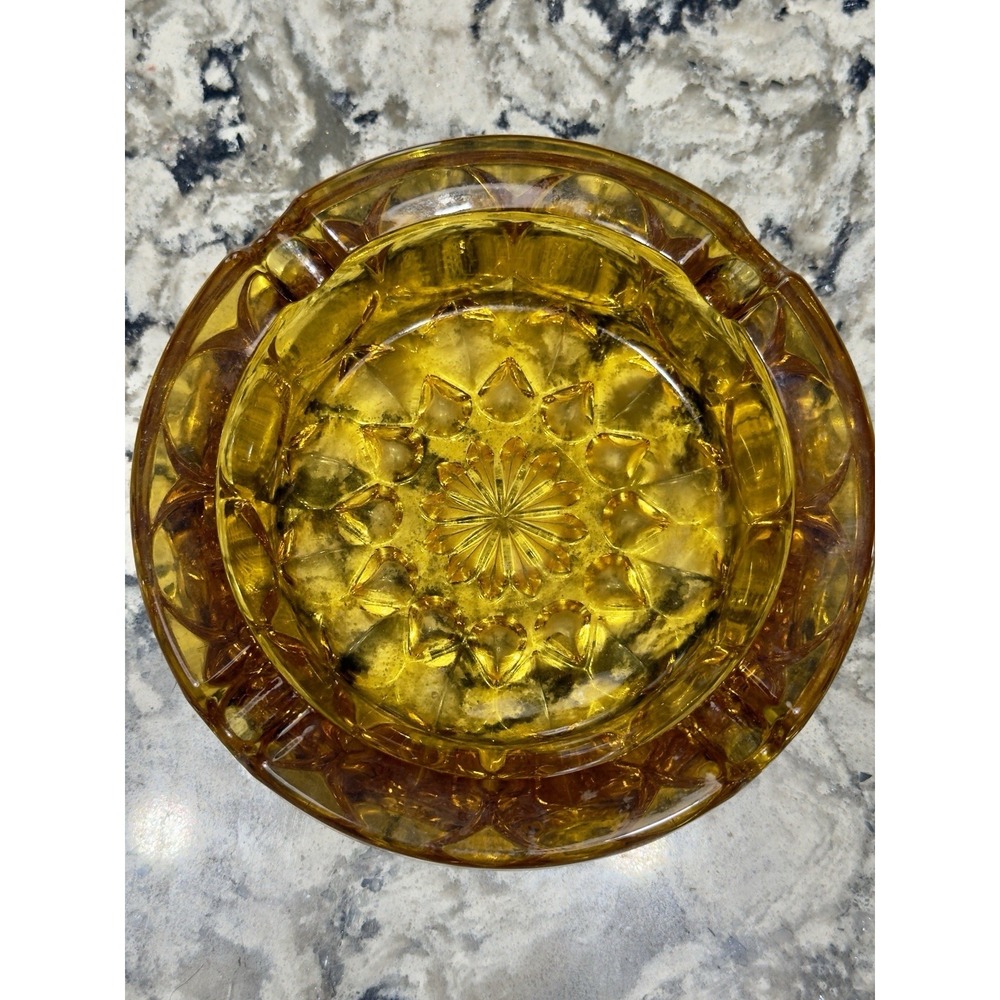 Vintage MCM Amber Glass Ashtray Anchor Hocking Fairfield Starburst 4 Slot HEAVY
